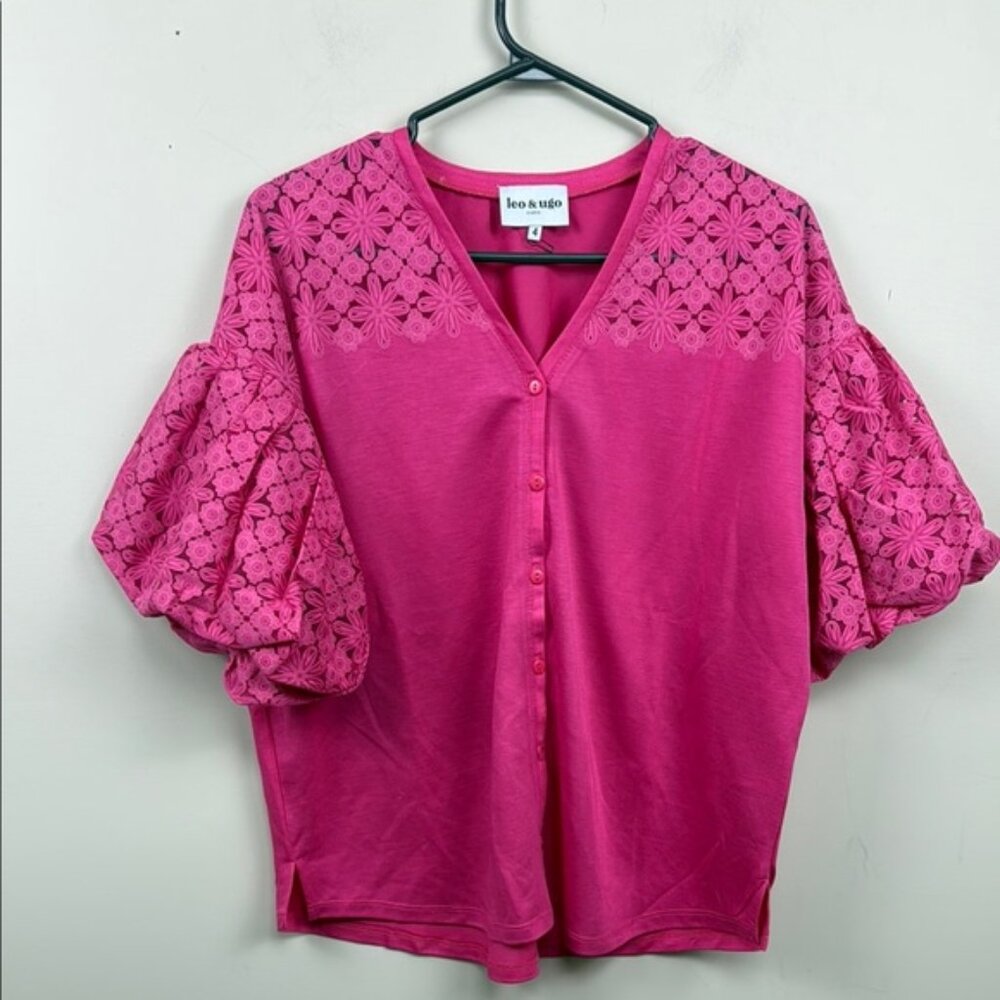 LEO & UGO Paris Pink Lace Sleeve button up  Women's Top 4